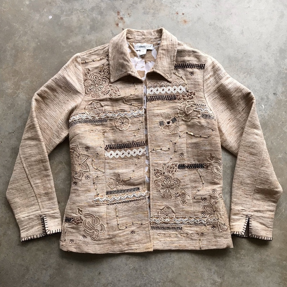 Coldwater Creek Tan Linen/Poly/Cotton Blend Blazer w/Jute & Embroidery